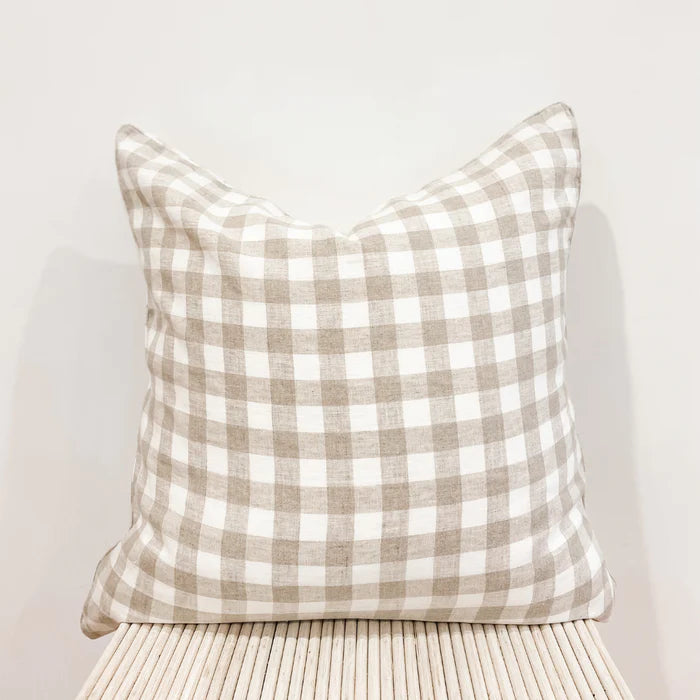 French Linen Feather Filled Cushion - Natural Gingham
