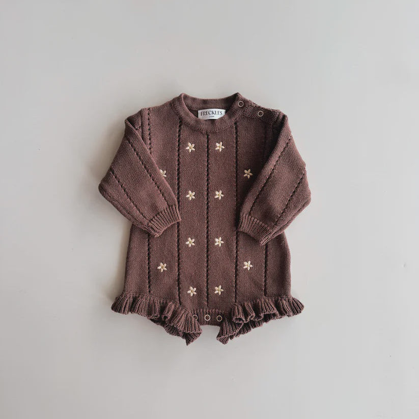 Embroidered Pointelle Romper | Brown Daisy