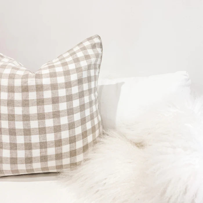 French Linen Feather Filled Cushion - Natural Gingham