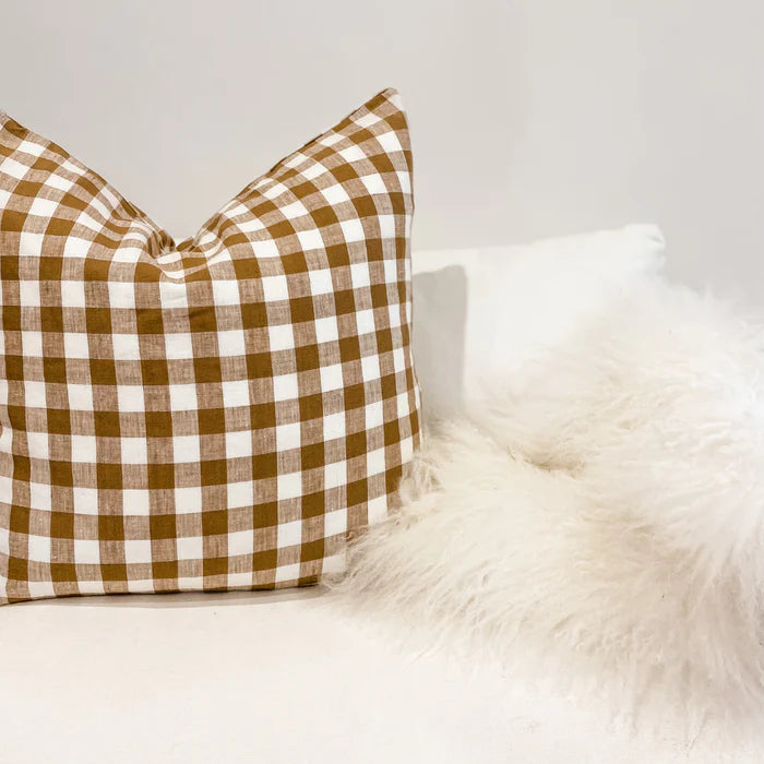 French Linen Feather Filled Cushion - Ginger Gingham