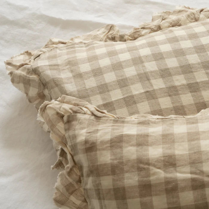 Linen Ruffle Edge Pillowcase Pair - Natural Gingham