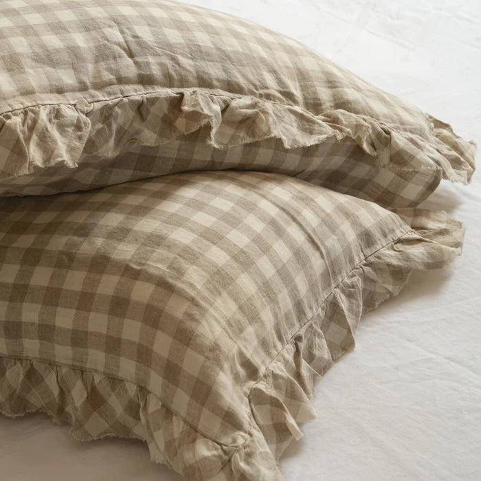 Linen Ruffle Edge Pillowcase Pair - Natural Gingham