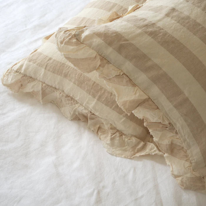 Linen Ruffle Edge Pillowcase Pair - Wide Natural Stripe