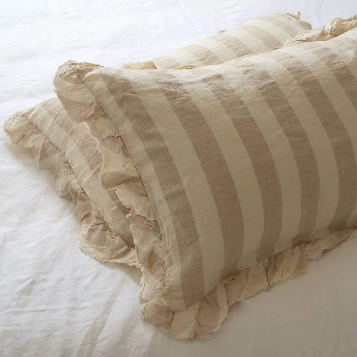 Linen Ruffle Edge Pillowcase Pair - Wide Natural Stripe