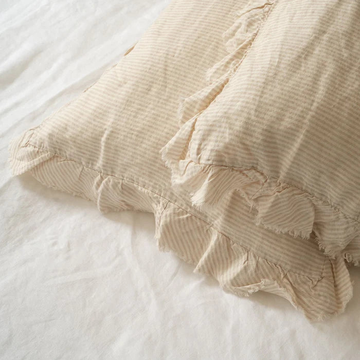 Linen Ruffle Edge Pillowcase Pair - Sand Stripe
