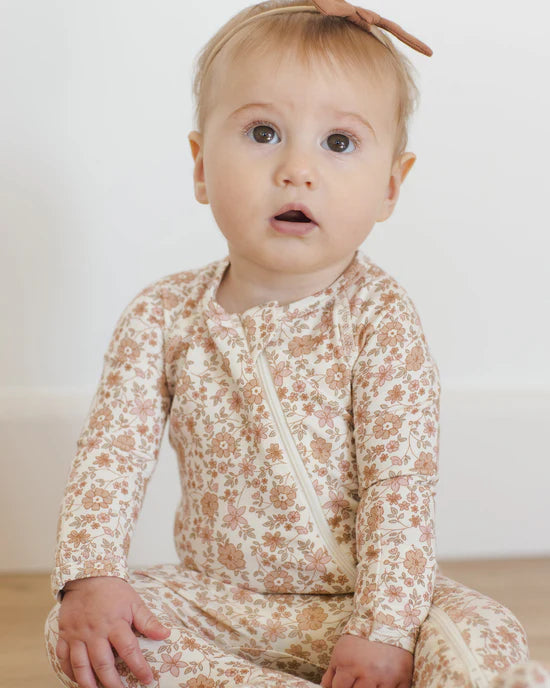 Bamboo Zip Footie - Bloom/Ivory