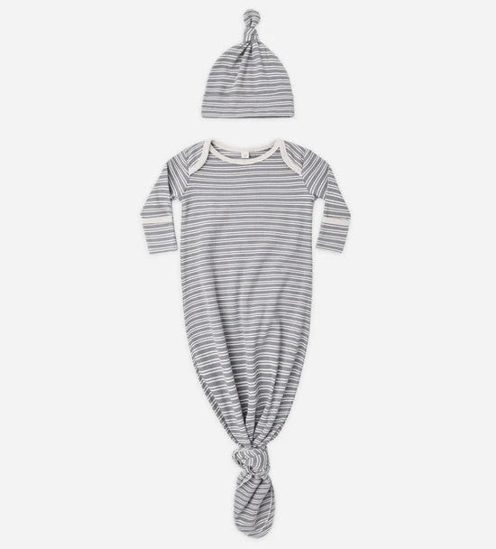 Knotted Baby Gown + Hat Set || Slate Microstripe