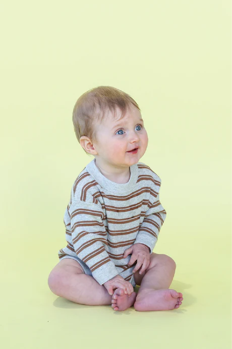 Ribbed Stripe Romper - Grey Marle/Brownie