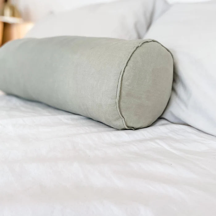 French Linen Feather Filled Bolster Cushion - Sage