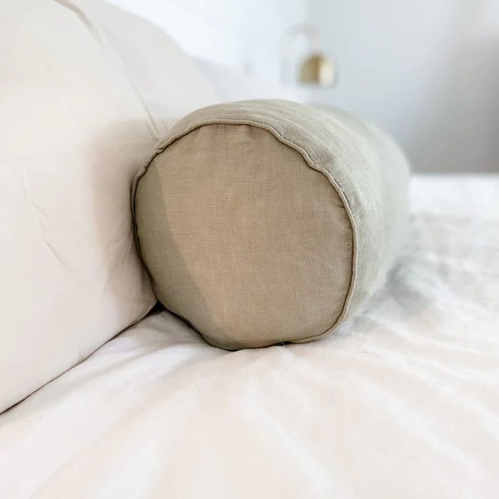 French Linen Feather Filled Bolster Cushion - Sage