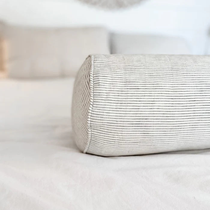 French Linen Feather Filled Bolster Cushion - Charcoal Stripe