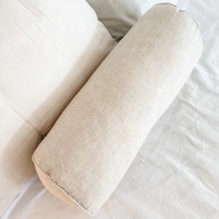 French Linen Feather Filled Bolster Cushion - Oat