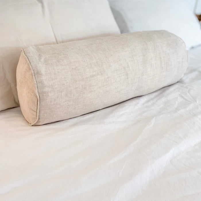 French Linen Feather Filled Bolster Cushion - Oat