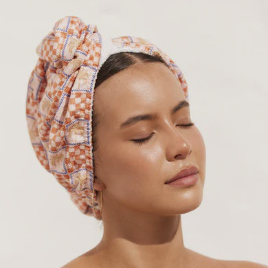 RIVA Hair Towel Wrap in Orange Palm Check