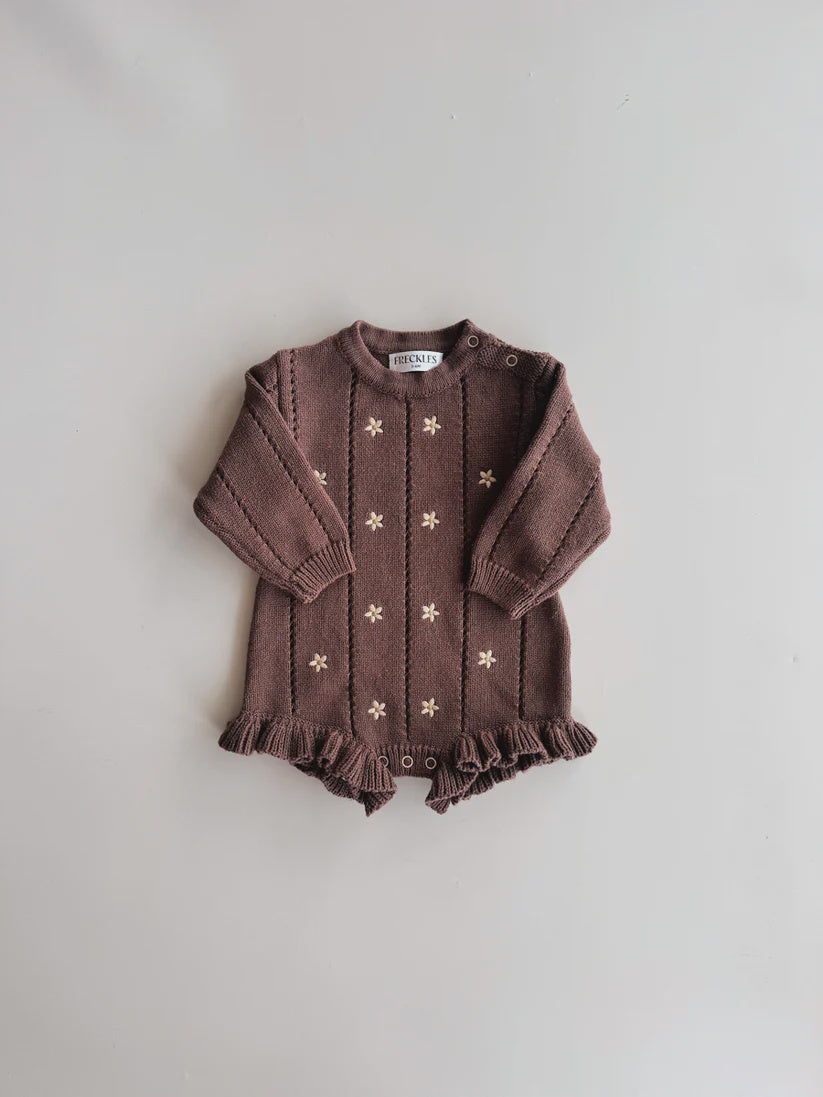 Embroidered Pointelle Romper | Brown Daisy