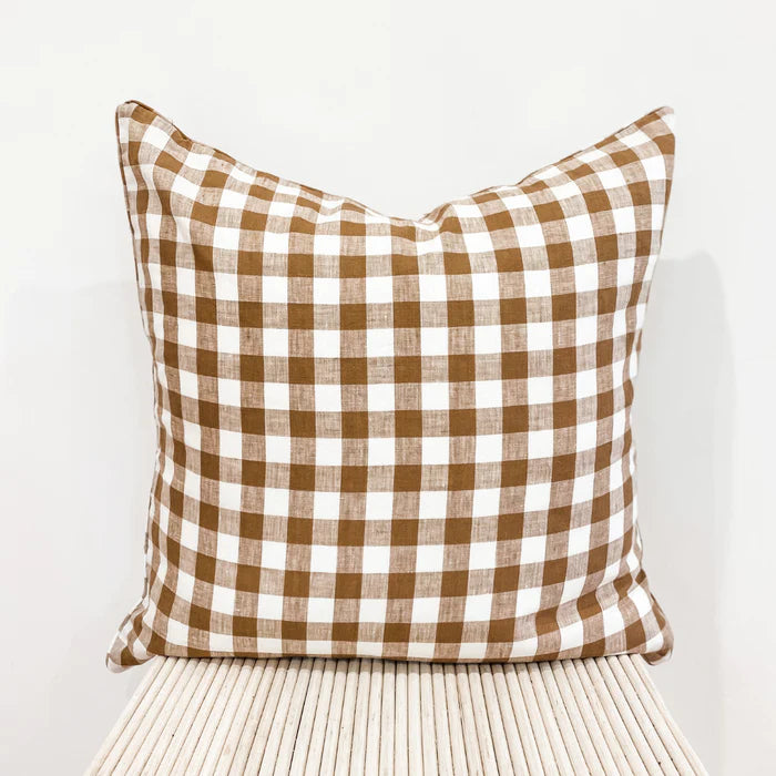 French Linen Feather Filled Cushion - Ginger Gingham