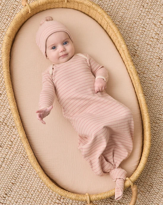 Knotted Baby Gown + Hat Set || Dusty Rose Microstripe