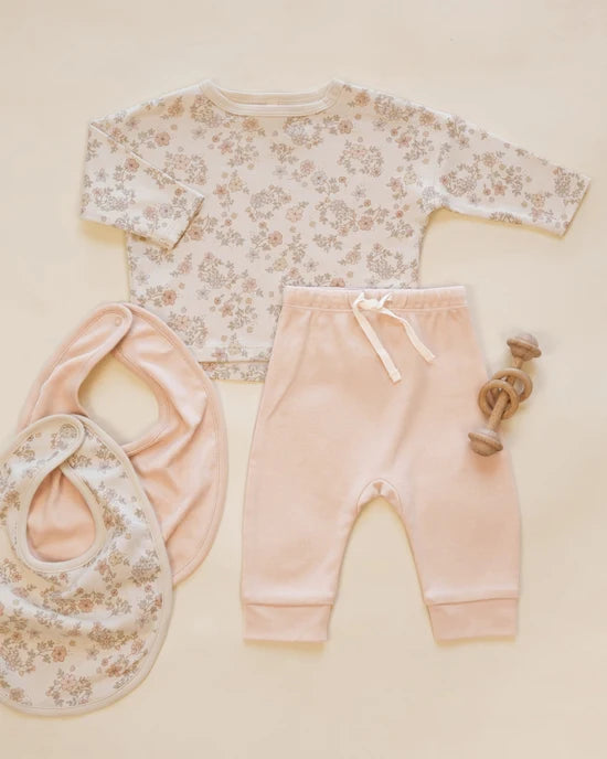 Jersey Snap Bib, 2 Pack Floral Vine, Dusty Rose