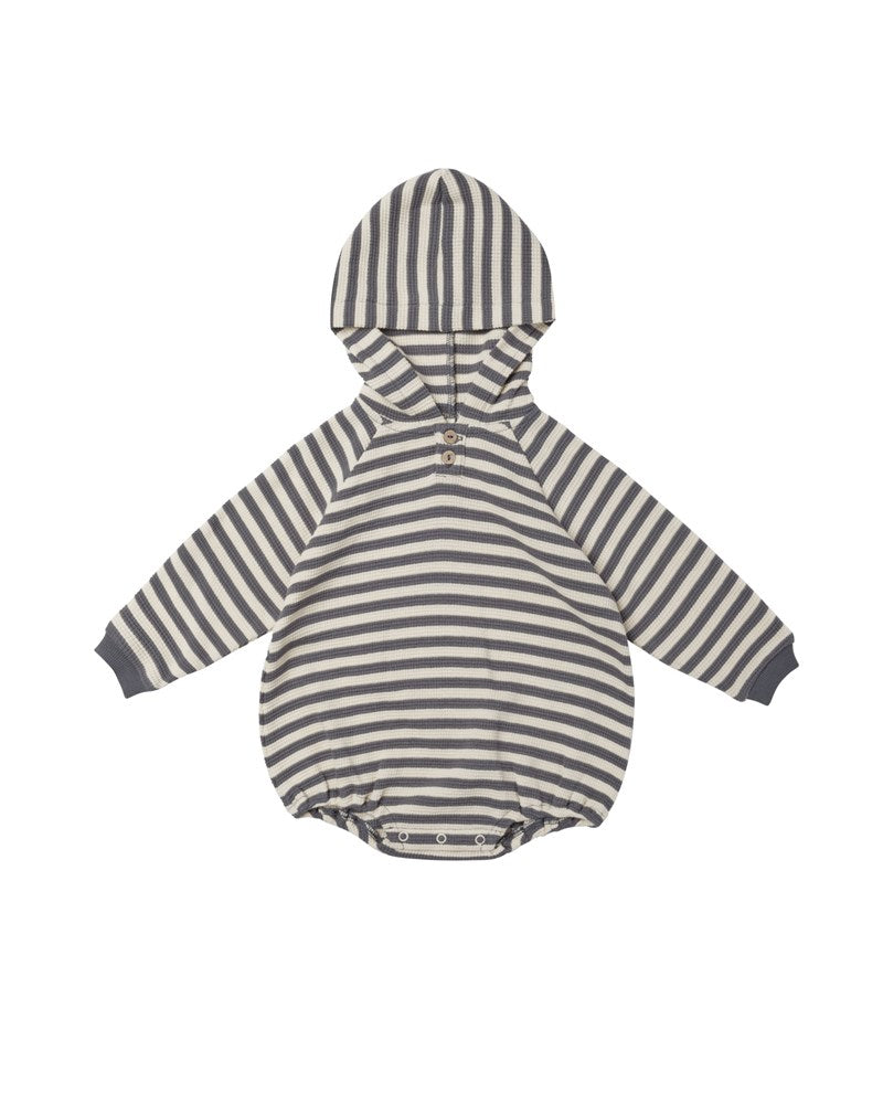 Waffle Hooded Bubble Romper - Navy Stripe