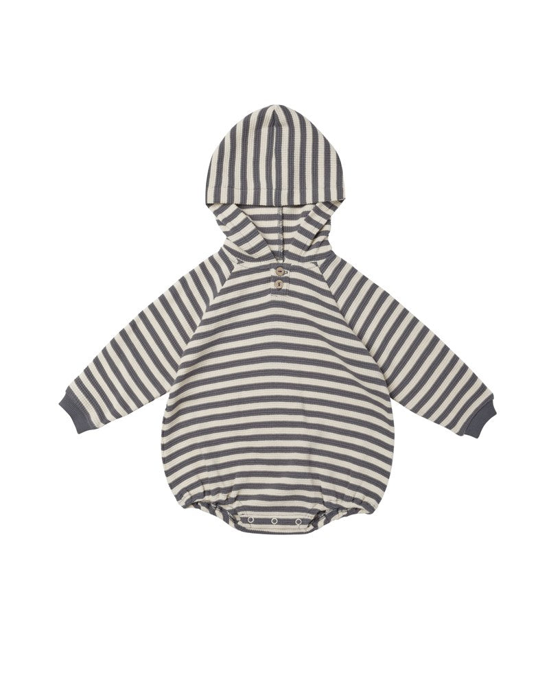 Waffle Hooded Bubble Romper - Navy Stripe