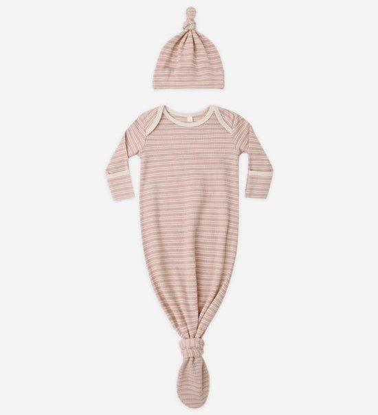Knotted Baby Gown + Hat Set || Dusty Rose Microstripe