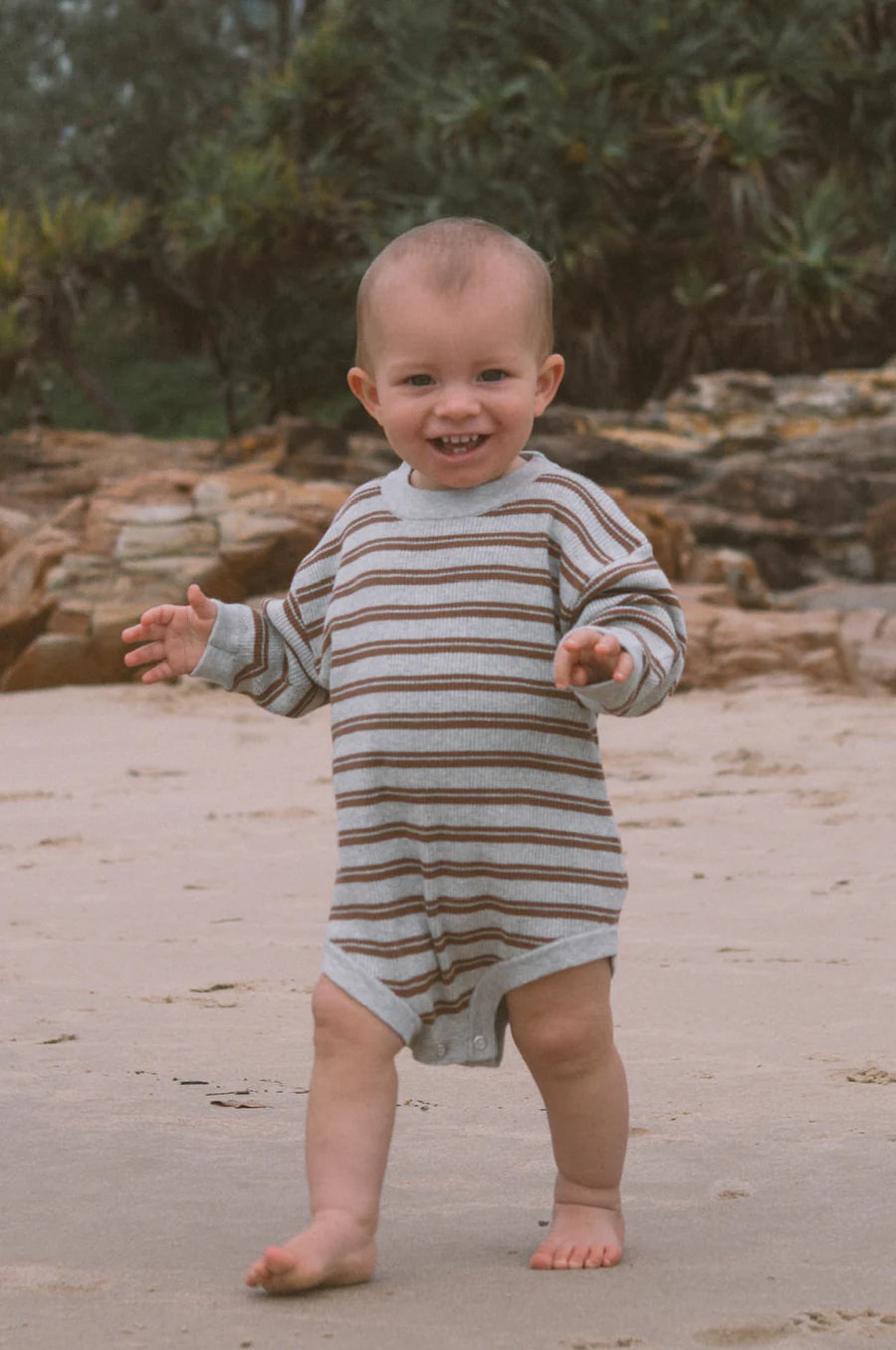 Ribbed Stripe Romper - Grey Marle/Brownie