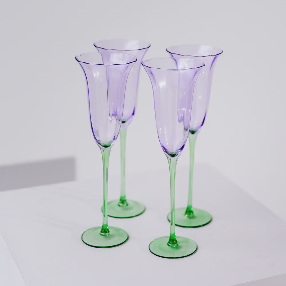 Fleur Champagne Flute- Set of 4- Green/Lilac